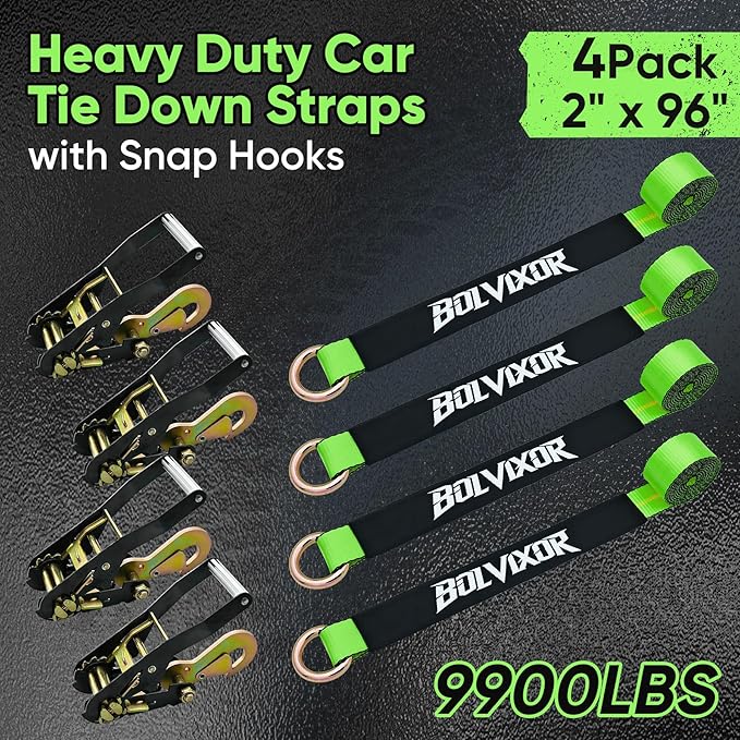 4 Pack Car Tie Down Straps for Trailers - 2" x 96" - 9900LBS Break Strength - Tire Ratchet Strap with Snap Hooks - Adjustable Wheel Straps for Hauling UTV, SUV, Truck, Any Cars
