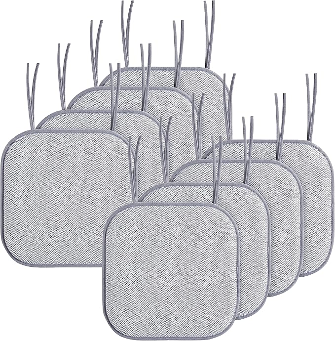 Elegant Comfort Chair Cushion Covers with Ties and Non Skid Rubber Backing-Thick Memory Foam - Soft Cushion Pad- Rounded Square Seat Cover- 16 x 16 Inches - Set of 8 Chevron Textured Pattern, Gray