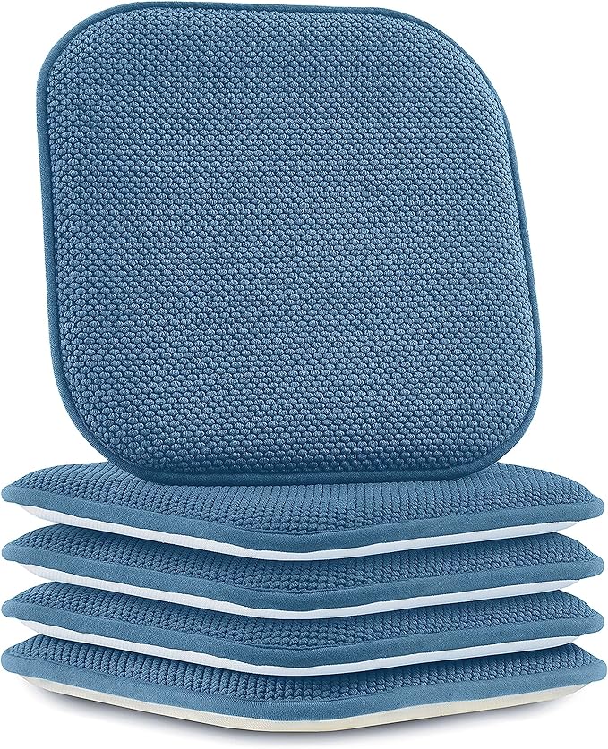 Elegant Comfort Chair Cushion Covers with Ties and Non Skid Rubber Backing-Thick Memory Foam - Soft Cushion Pad- Rounded Square Seat Cover-16 x 16 Inches- Honeycomb Textured Pattern, Set of 4, Blue