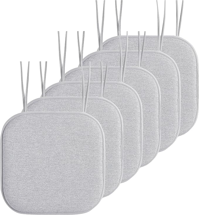 Elegant Comfort Chair Cushion Covers with Ties and Non Skid Rubber Backing-Thick Memory Foam - Soft Cushion Pad- Rounded Square Seat Cover- 16 x 16 Inches - Set of 6 Thatch Textured Pattern, Gray