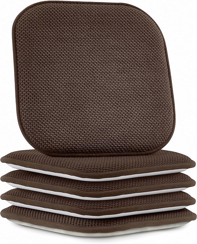 Elegant Comfort Chair Cushion Covers with Ties and Non Skid Rubber Backing-Thick Memory Foam - Soft Cushion Pad- Rounded Square Seat Cover-16 x 16 Inches- Honeycomb Textured Pattern, Set of 4, Brown