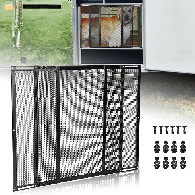 RVZONE Premium RV Screen Door Protector Adjusts from 21.5"- 35", Lightweight RV Entry Screen Door Grille Adjustable Metal Screen Defender for RV Door Camper Screen Door Protector for Dogs Kids