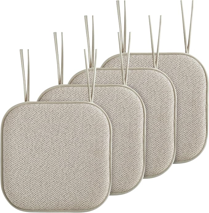 Elegant Comfort Chair Cushion Covers with Ties and Non Skid Rubber Backing-Thick Memory Foam - Soft Cushion Pad- Rounded Square Seat Cover- 16 x 16 Inches - Set of 4 Chevron Textured Pattern, Beige
