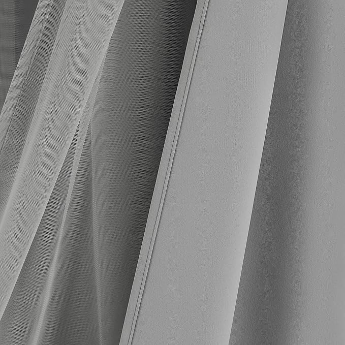 Bujasso Grey 90% Blackout Curtains with Sheer Overlay Mix and Match Double Layer Window Curtains Thermal Insulated 63 inch for Living Room Bedroom Gray Drapes with Tiebacks Grommet Top 54" Wx63 Lx2
