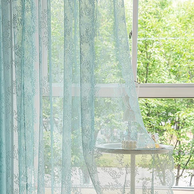 Sutuo Home Teal Blue Lace Curtains 84 Inches Long 2 Set, Sheer Panels Rose Floral Embroidery Vintage Window Treatment Pair for Bedroom Living Room, Retro Christmas Decor Rod Pocket, W57 x L84