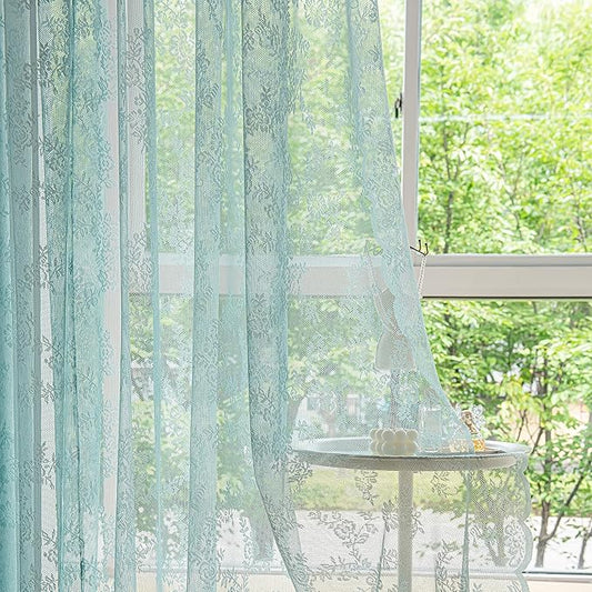Sutuo Home Teal Blue Lace Curtains 84 Inches Long 2 Set, Sheer Panels Rose Floral Embroidery Vintage Window Treatment Pair for Bedroom Living Room, Retro Christmas Decor Rod Pocket, W57 x L84
