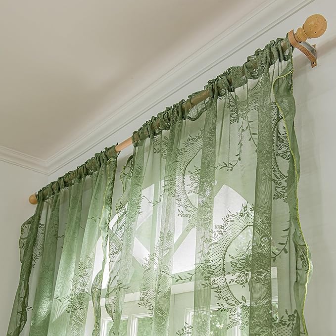 Sutuo Home Olive Green Lace Curtains 72 Inches Long 2 Panels Set, Sheer Panels Rose Floral Embroidery Ruffled Vintage Window Treatment Pair for Nursery Bedroom Living Room, Rod Pocket, W57 x L72