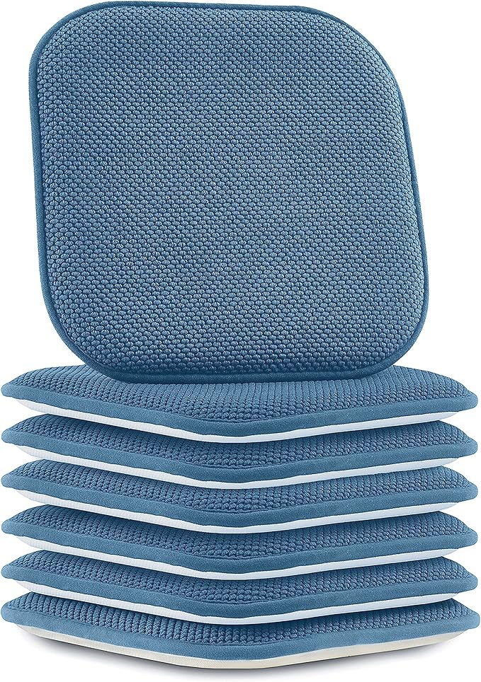 Elegant Comfort Chair Cushion Covers with Ties and Non Skid Rubber Backing-Thick Memory Foam - Soft Cushion Pad- Rounded Square Seat Cover-16 x 16 Inches- Honeycomb Textured Pattern, Set of 6, Blue