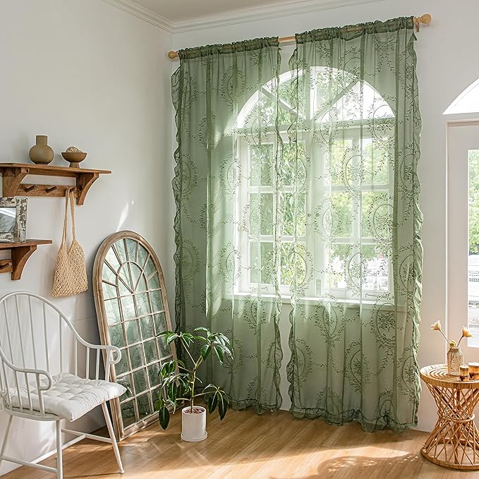Sutuo Home Olive Green Lace Curtains 72 Inches Long 2 Panels Set, Sheer Panels Rose Floral Embroidery Ruffled Vintage Window Treatment Pair for Nursery Bedroom Living Room, Rod Pocket, W57 x L72