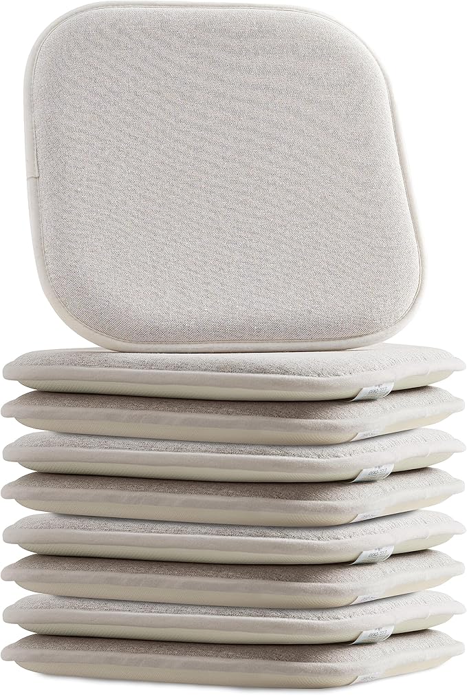 Elegant Comfort Chair Cushion Covers with Ties and Non Skid Rubber Backing-Thick Memory Foam - Soft Cushion Pad- Rounded Square Seat Cover- 16 x 16 Inches - Set of 8 Thatch Textured Pattern, Cream