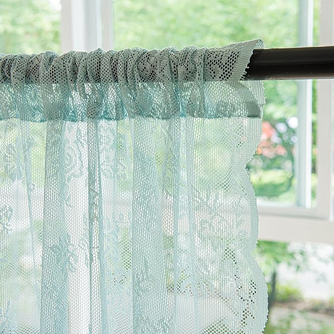 Sutuo Home Teal Blue Lace Curtains 96 Inches Long 2 Set, Sheer Panels Rose Floral Embroidery Vintage Window Treatment Pair for Bedroom Living Room, Country Farmhouse Decor Rod Pocket, W57 x L96