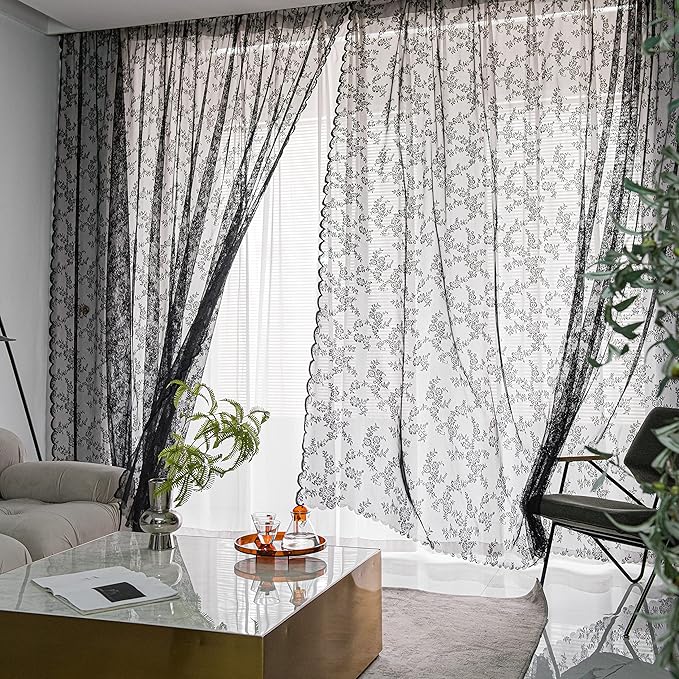 Sutuo Home Black Lace Curtains 96 Inches Long 2 Panels Set, Sheer Panels Gothic Retro Florals Vintage Voile Window Treatment for Bedroom/Living Room/Halloween Decor Rod Pocket W57 x L96