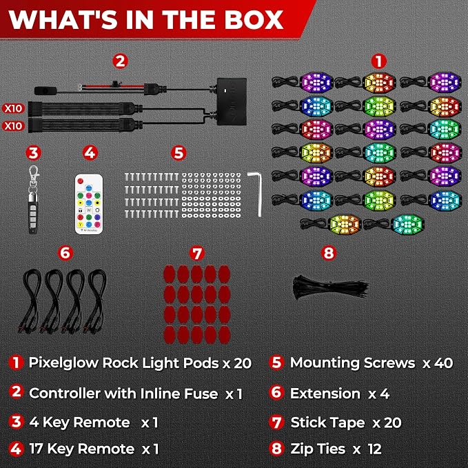 20 Pods 9 Sides RGB Rock Lights, App/2 Remote Control Led Underglow Lights Compatible with 12V Trucks Jeep UTV ATV Golf Cart, Brake Signal, Waterproof, Music Mode, Plug and Play, Multi-Color(Patented)