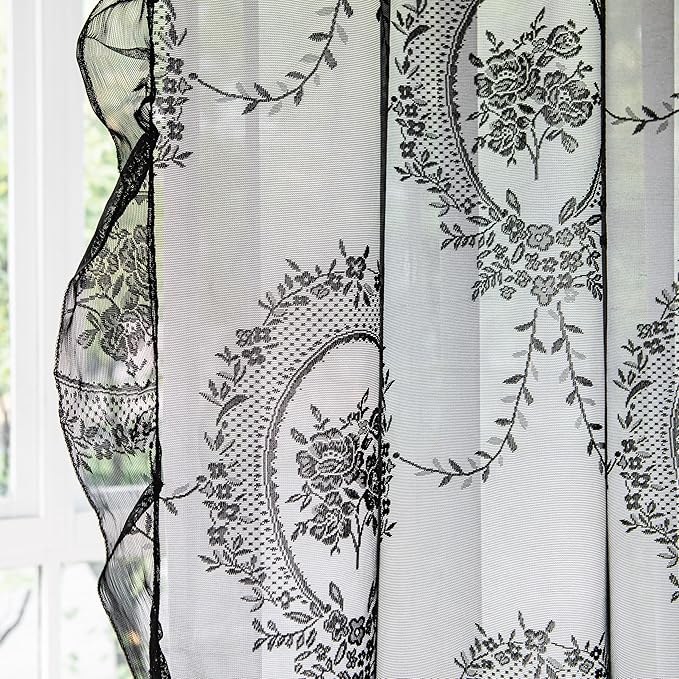Sutuo Home Black Lace Curtains 96 Inches Long 2 Panels, Sheer Rose Floral Embroidery Ruffled Vintage Window Treatment Pair for Bedroom Living Room Gothic Halloween Decor, Rod Pocket, W57 x L96