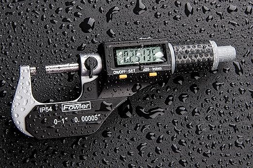 Fowler 54-860-001-1, Digital Coolant Resistant Micrometer with 0-1"/25mm Measuring Range, Flat Anvil & Spindle, Black/Gray