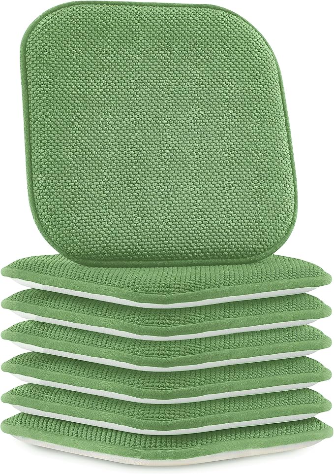 Elegant Comfort Chair Cushion Covers with Ties and Non Skid Rubber Backing-Thick Memory Foam - Soft Cushion Pad- Rounded Square Seat Cover-16 x 16 Inches- Honeycomb Textured Pattern, Set of 6, Green