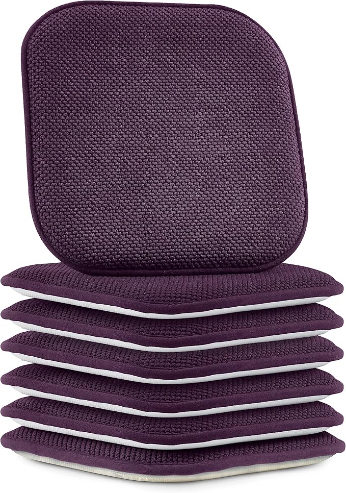 Elegant Comfort Chair Cushion Covers with Ties and Non Skid Rubber Backing-Thick Memory Foam - Soft Cushion Pad- Rounded Square Seat Cover-16 x 16 Inches- Honeycomb Textured Pattern, Set of 6, Purple