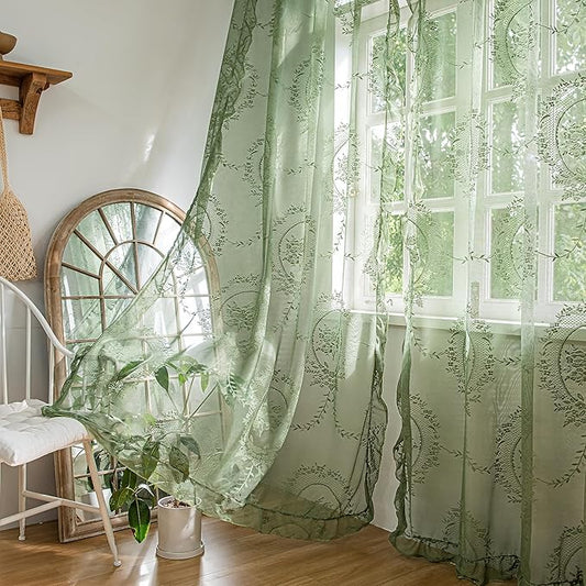 Sutuo Home Olive Green Lace Curtains for Bedroom Living Room 108 Inches Long 2 Panels, Sheer Panels Rose Floral Embroidery Ruffled Vintage Window Treatment Pair Christmas Decor, Rod Pocket, W57 x L108