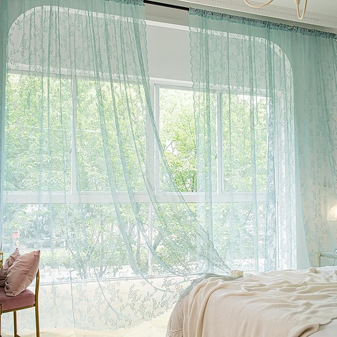 Sutuo Home Teal Blue Lace Curtains Set of 2, Sheer Panels 63 Inch Length Florals Embroidery Vintage Victorian Window Treatment Pair for Bedroom Living Room, Shabby Chic Decor Rod Pocket, W57 x L63