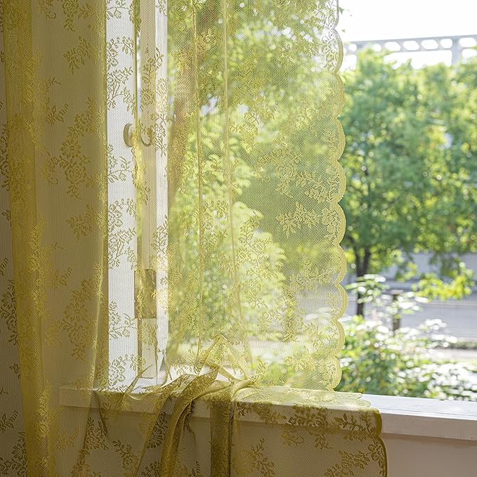 Sutuo Home Lace Curtains for Bedroom Nursery Room 72 Inches Long 2 Set, Boho Sheer Panels Floral Embroidery Lacy Vintage Antique Window Treatment Pair Spring Decor, Rod Pocket, W57 x L72,Sage Green