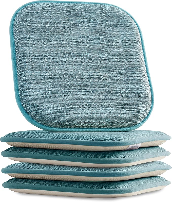 Elegant Comfort Chair Cushion Covers with Ties and Non Skid Rubber Backing-Thick Memory Foam - Soft Cushion Pad- Rounded Square Seat Cover- 16 x 16 Inches - Set of 4 Mosaic Textured Pattern, Aqua