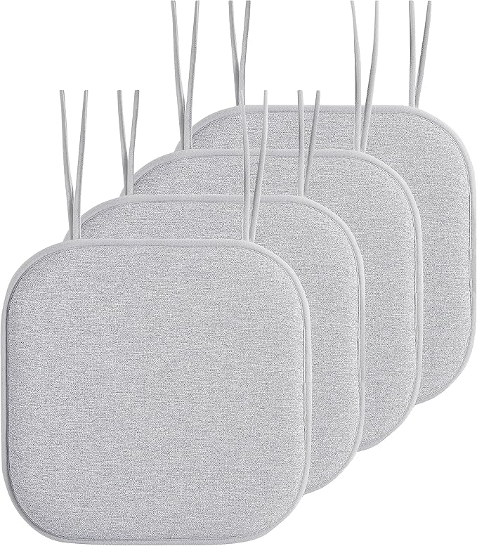 Elegant Comfort Chair Cushion Covers with Ties and Non Skid Rubber Backing-Thick Memory Foam - Soft Cushion Pad- Rounded Square Seat Cover- 16 x 16 Inches - Set of 4 Thatch Textured Pattern, Gray