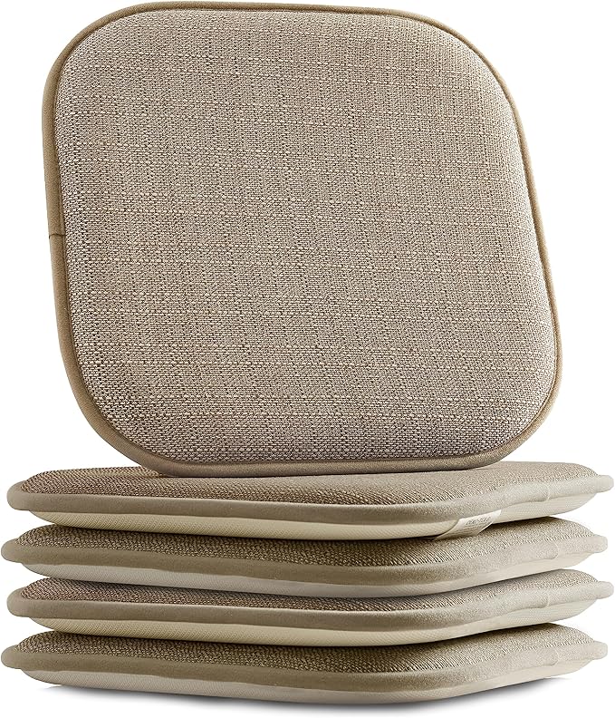 Elegant Comfort Chair Cushion Covers with Ties and Non Skid Rubber Backing-Thick Memory Foam - Soft Cushion Pad- Rounded Square Seat Cover- 16 x 16 Inches - Set of 4 Mosaic Textured Pattern, Taupe
