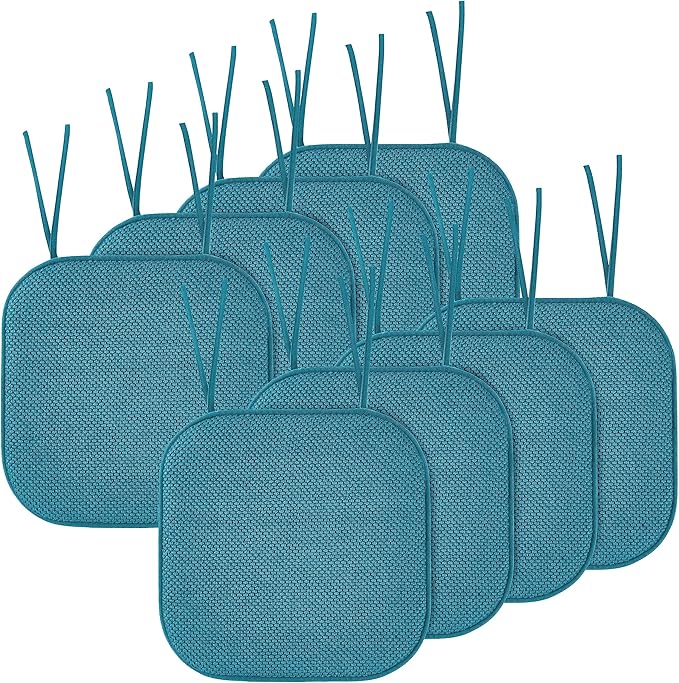 Elegant Comfort Chair Cushion Covers with Ties and Non Skid Rubber Backing-Thick Memory Foam - Soft Cushion Pad- Rounded Square Seat Cover-16 x 16 Inches- Honeycomb Textured Pattern, Set of 8, Peacock