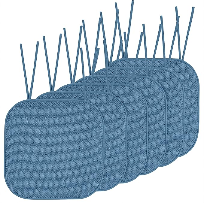 Elegant Comfort Chair Cushion Covers with Ties and Non Skid Rubber Backing-Thick Memory Foam - Soft Cushion Pad- Rounded Square Seat Cover-16 x 16 Inches- Honeycomb Textured Pattern, Set of 6, Blue