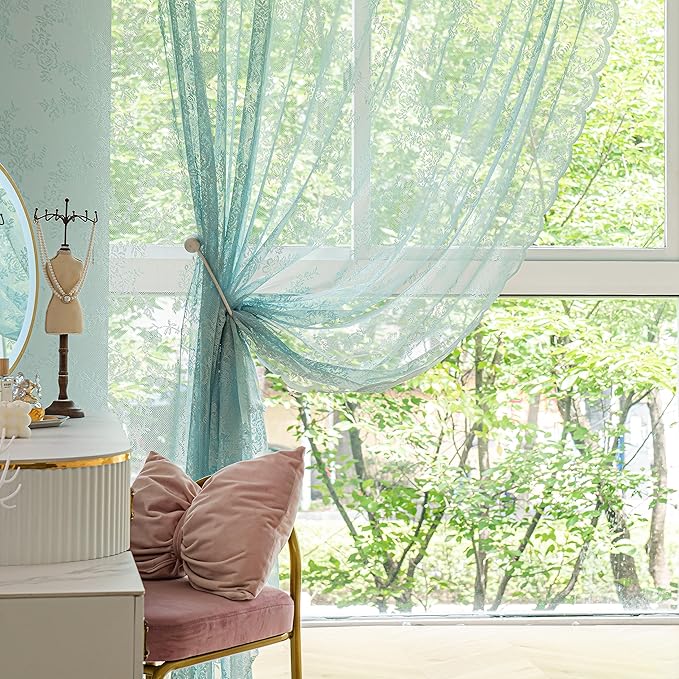 Sutuo Home Teal Blue Lace Curtains 84 Inches Long 2 Set, Sheer Panels Rose Floral Embroidery Vintage Window Treatment Pair for Bedroom Living Room, Retro Christmas Decor Rod Pocket, W57 x L84