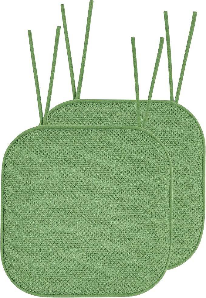 Elegant Comfort Chair Cushion Covers with Ties and Non Skid Rubber Backing-Thick Memory Foam - Soft Cushion Pad- Rounded Square Seat Cover-16 x 16 Inches- Honeycomb Textured Pattern, Set of 2, Green