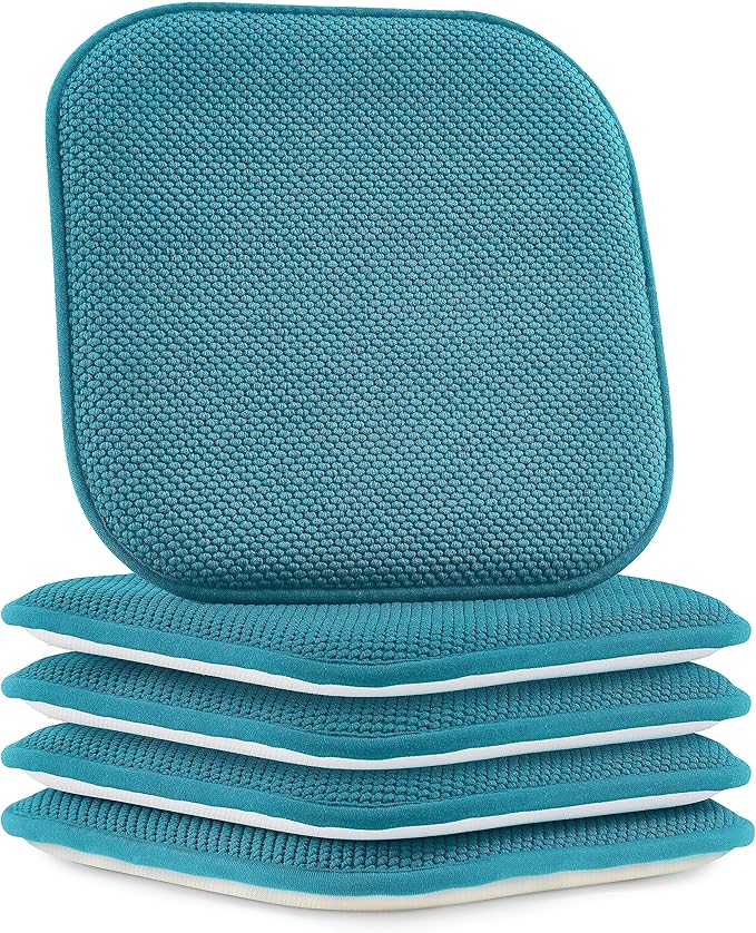 Elegant Comfort Chair Cushion Covers with Ties and Non Skid Rubber Backing-Thick Memory Foam - Soft Cushion Pad- Rounded Square Seat Cover-16 x 16 Inches- Honeycomb Textured Pattern, Set of 4, Peacock