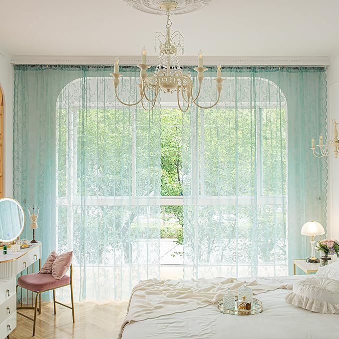Sutuo Home Teal Blue Lace Curtains Set of 2, Sheer Panels 63 Inch Length Florals Embroidery Vintage Victorian Window Treatment Pair for Bedroom Living Room, Shabby Chic Decor Rod Pocket, W57 x L63