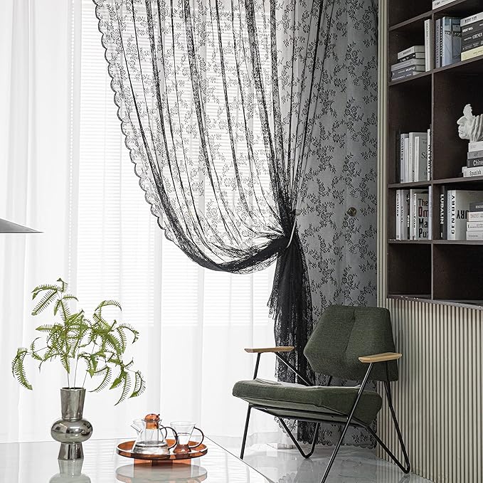 Sutuo Home Black Lace Curtains 63 Inches Length 2 Panels Set, Sheer Shabby Chic Gothic Retro Florals Vintage Voile Window Treatment Pair for Bedroom/Living Room/Halloween Decor Rod Pocket W57 x L63