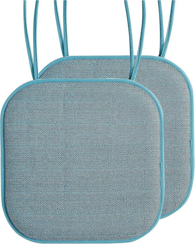 Elegant Comfort Chair Cushion Covers with Ties and Non Skid Rubber Backing-Thick Memory Foam - Soft Cushion Pad- Rounded Square Seat Cover- 16 x 16 Inches - Set of 2 Mosaic Textured Pattern, Aqua