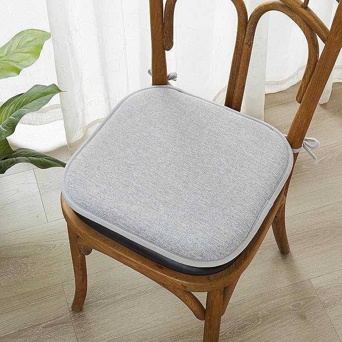 Elegant Comfort Chair Cushion Covers with Ties and Non Skid Rubber Backing-Thick Memory Foam - Soft Cushion Pad- Rounded Square Seat Cover- 16 x 16 Inches - Set of 2 Thatch Textured Pattern, Gray