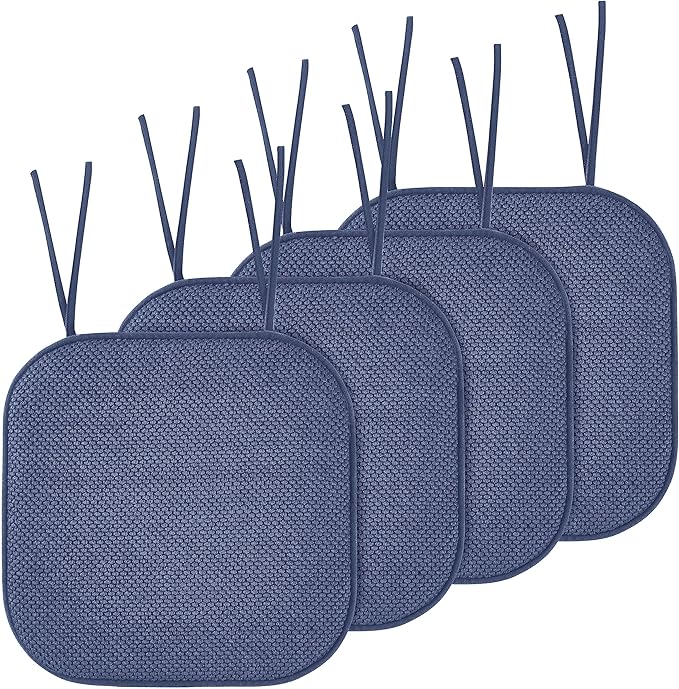 Elegant Comfort Chair Cushion Covers with Ties and Non Skid Rubber Backing-Thick Memory Foam - Soft Cushion Pad- Rounded Square Seat Cover-16 x 16 Inches- Honeycomb Textured Pattern, Set of 4, Navy