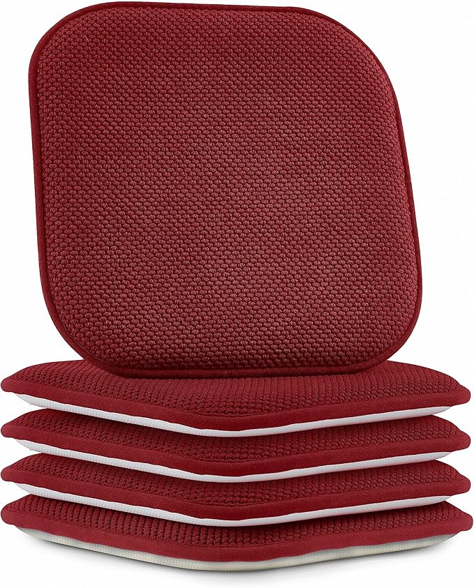 Elegant Comfort Chair Cushion Covers with Ties and Non Skid Rubber Backing-Thick Memory Foam - Soft Cushion Pad- Rounded Square Seat Cover-16 x 16 Inches-Honeycomb Textured Pattern, Set of 4, Burgundy