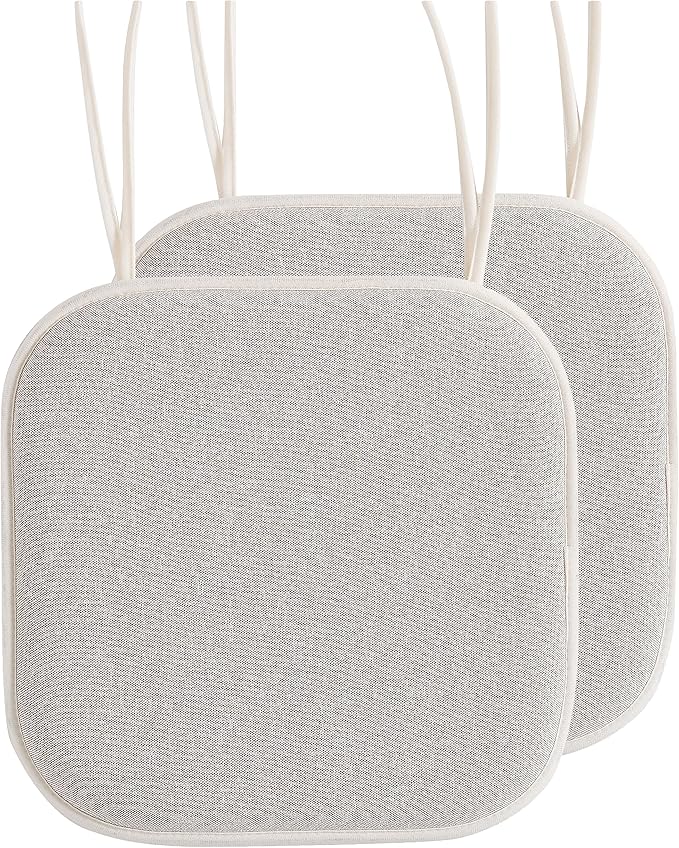 Elegant Comfort Chair Cushion Covers with Ties and Non Skid Rubber Backing-Thick Memory Foam - Soft Cushion Pad- Rounded Square Seat Cover- 16 x 16 Inches - Set of 2 Thatch Textured Pattern, Cream