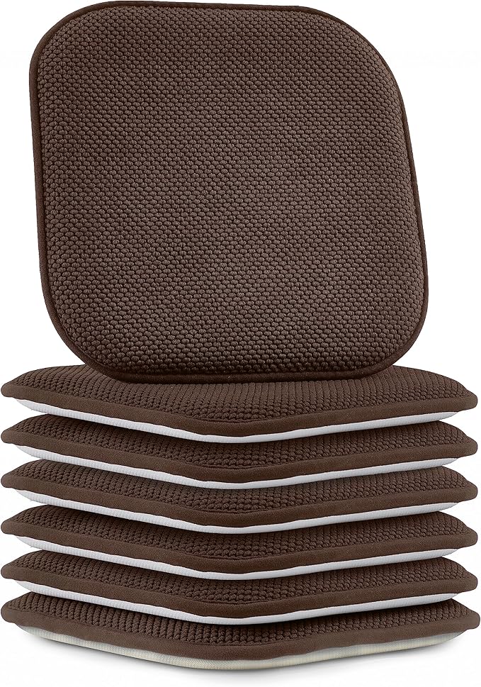 Elegant Comfort Chair Cushion Covers with Ties and Non Skid Rubber Backing-Thick Memory Foam - Soft Cushion Pad- Rounded Square Seat Cover-16 x 16 Inches- Honeycomb Textured Pattern, Set of 6, Brown