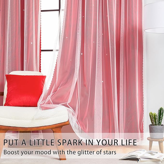 XiDi Red Curtains 63 Inches Long for Living Room Double Layer Curtains with Sheer Overlay for Girls Kids Bedroom Decor Ideal Princess Unicorn Theme Grommet Windows Drapes 2 Panels 34x63
