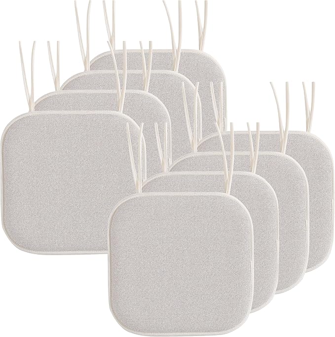 Elegant Comfort Chair Cushion Covers with Ties and Non Skid Rubber Backing-Thick Memory Foam - Soft Cushion Pad- Rounded Square Seat Cover- 16 x 16 Inches - Set of 8 Thatch Textured Pattern, Cream