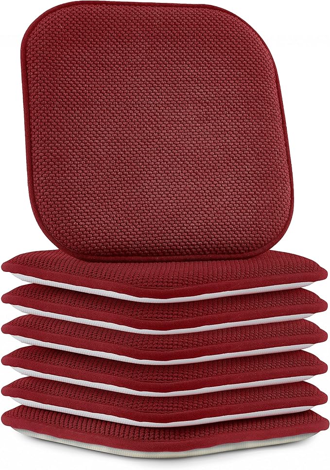 Elegant Comfort Chair Cushion Covers with Ties and Non Skid Rubber Backing-Thick Memory Foam - Soft Cushion Pad- Rounded Square Seat Cover-16 x 16 Inches-Honeycomb Textured Pattern, Set of 6, Burgundy