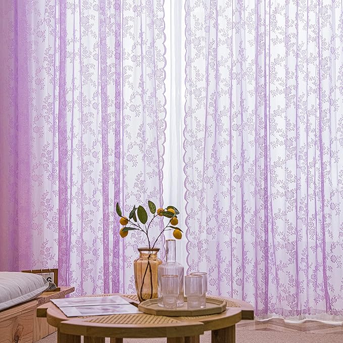 Sutuo Home Lace Curtains 2 Panels Set, Purple Sheer 96 Inch Long Window Floral Vintage Voile Window Panel Treatment for Bedroom/Living Room/Kitchen, Decor Rod Pocket W57 x L96