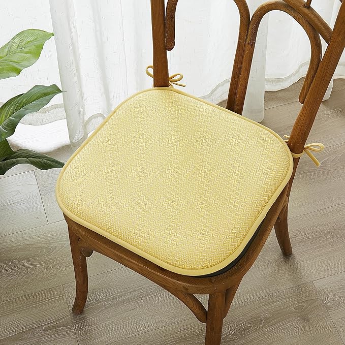 Elegant Comfort Chair Cushion Covers with Ties and Non Skid Rubber Backing-Thick Memory Foam - Soft Cushion Pad- Rounded Square Seat Cover- 16 x 16 Inches - Set of 6 Chevron Textured Pattern, Yellow