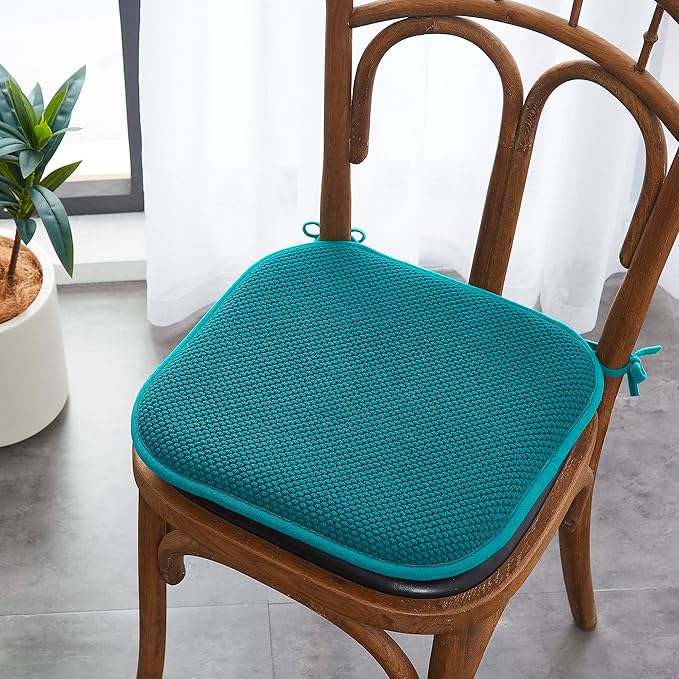 Elegant Comfort Chair Cushion Covers with Ties and Non Skid Rubber Backing-Thick Memory Foam - Soft Cushion Pad- Rounded Square Seat Cover-16 x 16 Inches- Honeycomb Textured Pattern, Set of 6, Peacock