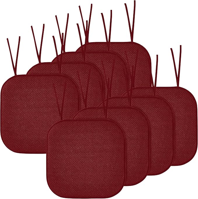 Elegant Comfort Chair Cushion Covers with Ties and Non Skid Rubber Backing-Thick Memory Foam - Soft Cushion Pad- Rounded Square Seat Cover-16 x 16 Inches-Honeycomb Textured Pattern, Set of 8, Burgundy