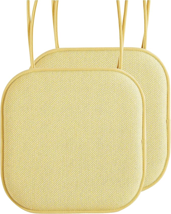 Elegant Comfort Chair Cushion Covers with Ties and Non Skid Rubber Backing-Thick Memory Foam - Soft Cushion Pad- Rounded Square Seat Cover- 16 x 16 Inches - Set of 2 Chevron Textured Pattern, Yellow