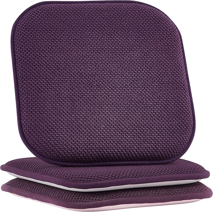 Elegant Comfort Chair Cushion Covers with Ties and Non Skid Rubber Backing-Thick Memory Foam - Soft Cushion Pad- Rounded Square Seat Cover-16 x 16 Inches- Honeycomb Textured Pattern, Set of 2, Purple