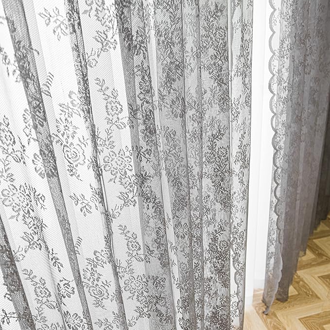 Sutuo Home Lace Curtains 63 Inches Length 2 Panels Set, Gray Sheer Window Floral Vintage Voile Window Panel Treatment for Bedroom/Living Room/Kitchen, Decor Rod Pocket W57 x L63